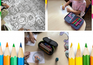 Kolaż zdjęć przedstawia aktywności grupy Smerfy z okazji Dnia Przedszkolaka.