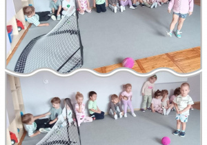 Kolaż z dziećmi kopiącymi piłkę do bramki.