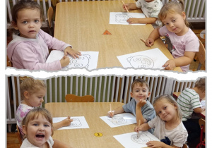 Kolaż dzieci siedzą przy stolikach i koloruję obrazek.