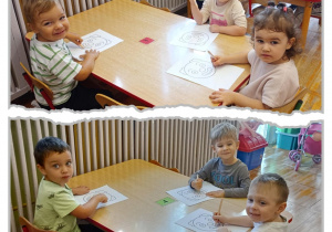 Kolaż prezentujący przedszkolaki kolorujące obrazek.