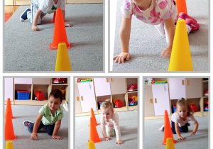 Kolaż z dziećmi wykonującymi slalom na czworaka wokół pachołków.