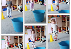 Kolaż sześciu zdjęć prezentujący dzieci zrucające piłeczki do kosza.