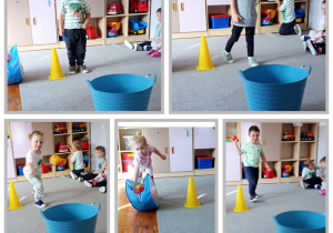 Kolaż z przedszkolakami rzucającymi piłeczki do kosza.