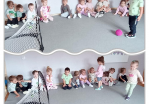 Kolaż z przedszkolakami kopiącymi piłkę do bramki.