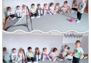 Kolaż prezentujący dwóch chłopców kopiącymi piłkę do bramki.