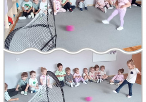 Kolaż z dwiema dziewczynkami kopiącymi piłkę do bramki.