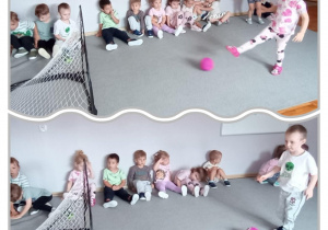 Kolaż z przedszkolakami kopiącymi piłkę do bramki.