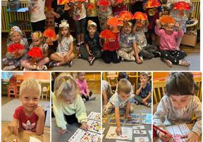 Kolaż zdjęć przedstawiający dzieci z grupy Żabki podczas aktywności z okazji powitania jesieni.