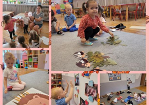 Kolaż zdjęć dzieci z grupy Biedronki podczas zabaw z okazji powitania jesieni.