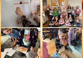 Kolaż zdjęć przedstawia aktywności grupy Smerfy podczas Powitania Jesieni.