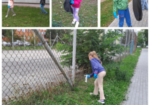 Kolaż zdjęć na którym dzieci zbierają śmieci.