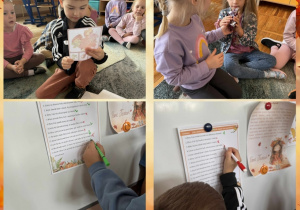 Kolaż przedstawia przedszkolaków wykonujących zadania podczas gry terenowej