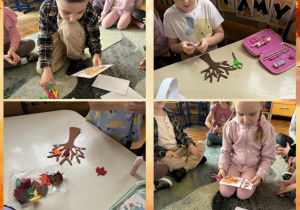 Kolaż przedstawia przedszkolaków wykonujących zadania podczas gry terenowej