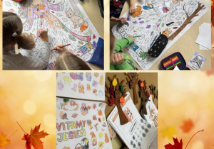 Kolaż przedstawia przedszkolaków wykonujących zadania podczas gry terenowej