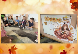 Kolaż przedstawia przedszkolaków wykonujących zadania podczas gry terenowej, dekoracje Sali oraz list od Pani Jesień