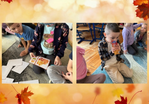 Kolaż przedstawia przedszkolaków wykonujących zadania podczas gry terenowej