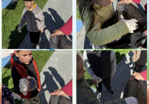 Kolaż przedstawia dzieci sprzątające w rękawiczkach okolicę przedszkola