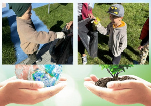 Kolaż przedstawia dzieci sprzątające w rękawiczkach okolicę przedszkola