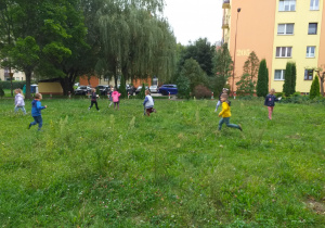 Dzieci zbierają śmieci na pobliskim trawniku.