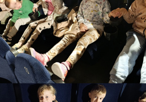 Dzieci z grupy Stokrotki w oczekiwaniu na film Super Charlie.