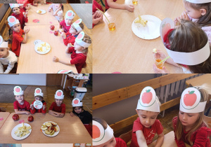 Kolaż zdjęć przedstawiający dzieci z grupy Stokrotki podczas różnych aktywności z jabłkami.