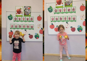 Fotografie dziewczynek z jabłkami w rączkach na tle tablicy dekoracyjnej z okazji Dnia Jabłka