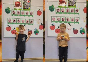 Fotografie chłopców z jabłkami w rączkach na tle tablicy dekoracyjnej z okazji Dnia Jabłka