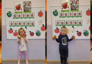 Fotografie dzieci z jabłkami w rączkach na tle tablicy dekoracyjnej z okazji Dnia Jabłka
