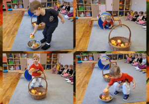 Kolaż zdjęć dzieci podczas zabaw ruchowych z okazji Dnia Jabłka