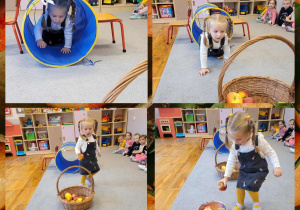 Kolaż zdjęć dziewczynki podczas zabaw ruchowych z okazji Dnia Jabłka