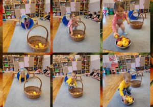 Kolaż zdjęć dzieci podczas zabaw ruchowych z okazji Dnia Jabłka