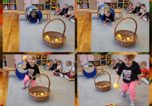 Kolaż zdjęć dziewczynki podczas zabaw ruchowych z okazji Dnia Jabłka