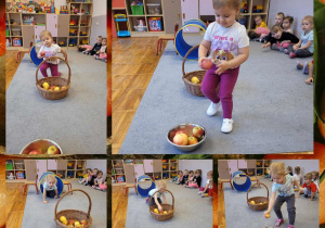 Kolaż zdjęć dziewczynek podczas zabaw ruchowych z okazji Dnia Jabłka