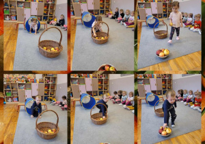 Kolaż zdjęć dzieci podczas zabaw ruchowych z okazji Dnia Jabłka