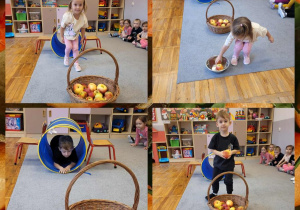 Kolaż zdjęć dzieci podczas zabaw ruchowych z okazji Dnia Jabłka