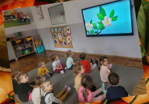 Fotografia dzieci oglądających bajkę edukacyjną „Od kwiatuszka do jabłuszka” w Sali grupy „Misie”