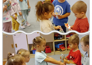 Kolaż dwóch zdjęć, na których dziewczynki wręczają chłopcom upominki.