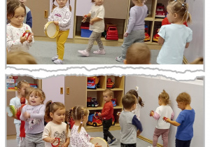 Kolaż dwóch zdjęć, na których dzieci chodzą w kole i grają na instrumentach muzycznych.