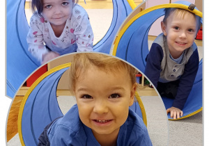 Kolaż z dziećmi przechodzącymi przez tunel.