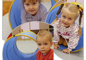 Kolaż trzech zdjęć prezentujący dzieci przechodzące przez tunel.