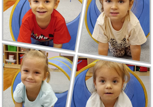 Kolaż z przedszkolakami, które przechodzoną na czworaka przez tunel.