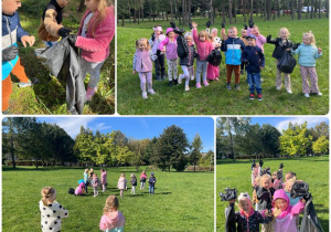 Kolaż zdjęć przedstawiający dzieci z grupy Żabki podczas sprzątania świata.