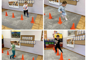 Dzieci podczas biegu slalomem między pachołkami.