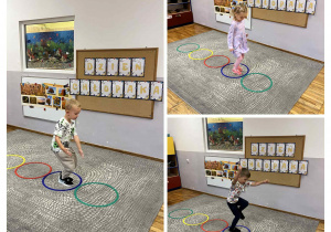 Przedszkolaki podczas przeskakiwania przez hula-hop.