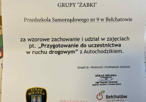 Dyplom dla grupy Żabki za wzorowe zachowanie i udział w zajęciach pt. „ Przygotowanie do uczestnictwa w ruchu drogowym z Autochodzikiem”.