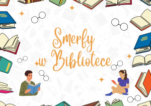 Grafika przedstawia napis Smerfy w bibliotece i grafiki książek oraz okularów