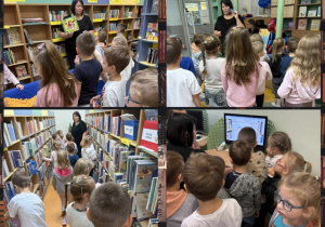 Kolaż przedstawia dzieci z grupy Smerfów, które zwiedzają bibliotekę