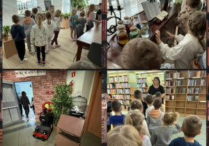 Kolaż przedstawia dzieci z grupy Smerfów, które zwiedzają bibliotekę