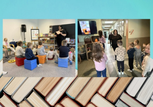 Kolaż przedstawia dzieci z grupy Smerfów, które zwiedzają bibliotekę i słuchają bajki