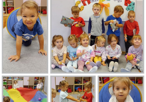 Kolaż przedstawiający dzieci z grupy Biedronki w trakcie zabaw z okazji Dnia Chłopaka.